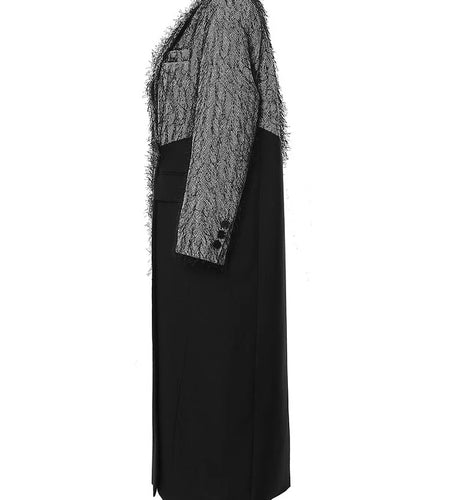 Women Gray Color-block Tassels Big Size Long Blazer New Lapel Long Sleeve Jacket Fashion Tide Spring Autumn 2025 7AB1820