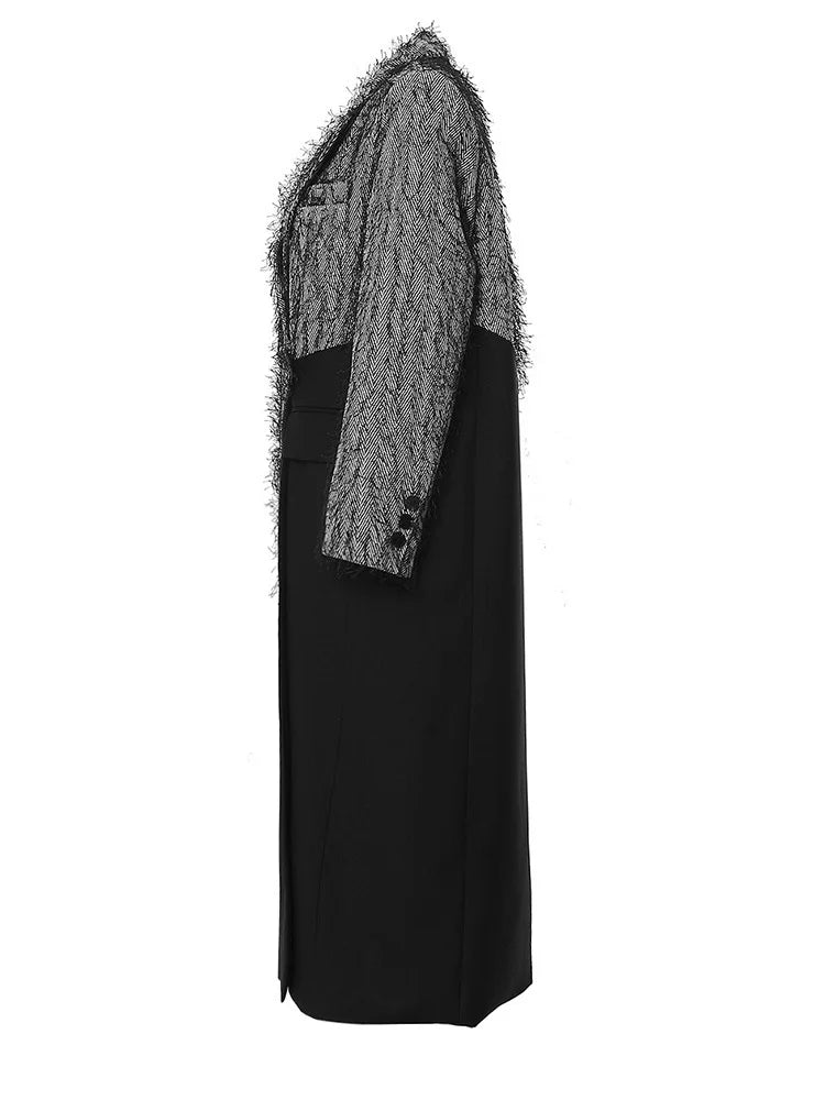 Women Gray Color-block Tassels Big Size Long Blazer New Lapel Long Sleeve Jacket Fashion Tide Spring Autumn 2025 7AB1820