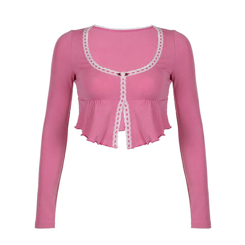 Load image into Gallery viewer, Korean Fashion Pink Frill Crop Top Women T-shirts Slim Y2K Cute Lace Trim Coquette Clothes Fold Mini Tee Shirt Kawaii
