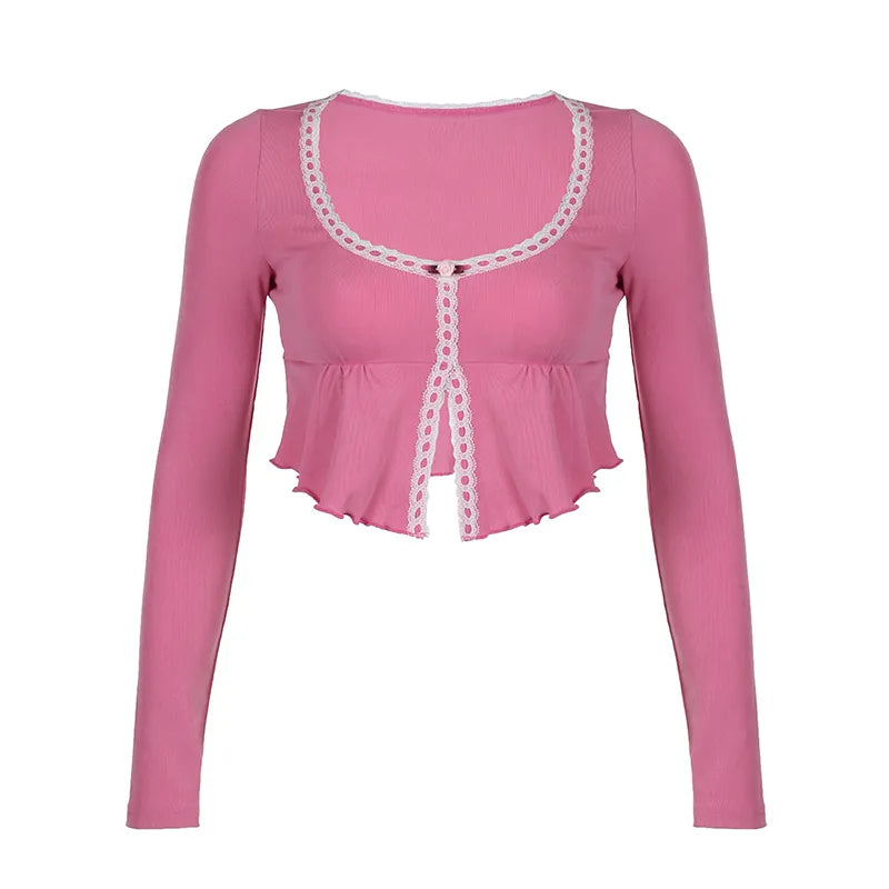 Korean Fashion Pink Frill Crop Top Women T-shirts Slim Y2K Cute Lace Trim Coquette Clothes Fold Mini Tee Shirt Kawaii