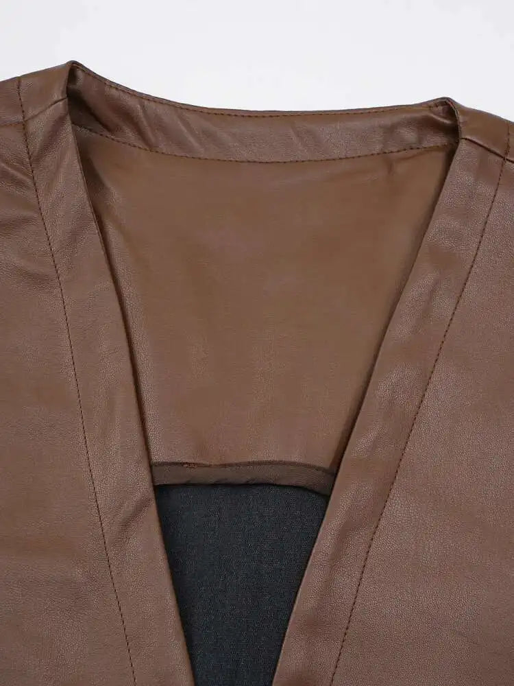 Women Black  Pu Leather Pockets Big Size Long Vest Dress New V-Neck Sleeveless Fashion Tide Spring Autumn 2025 CPG2085