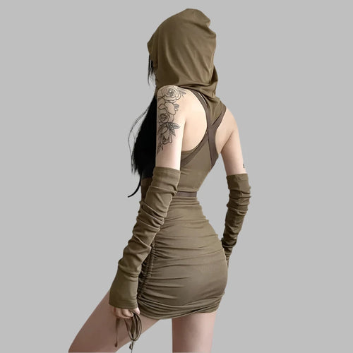 Load image into Gallery viewer, Drawstring Hooded Mini Dress with Arm Sleeves Buckle Belted Bodycon Dresses Japanese Y2k Streetwear P94-EG42
