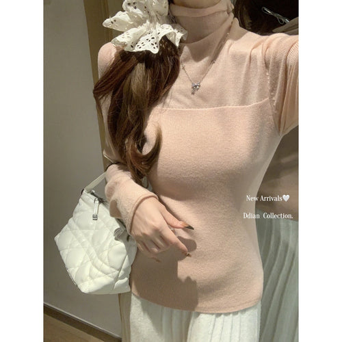 Load image into Gallery viewer, Retro Korean Version Women Solid Patchwork Elegant Knitted High Neck Sweater Autumn Winter Slim Pullovers Tops Simplicity Trendy
