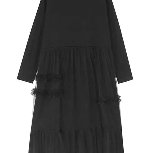 Load image into Gallery viewer, Women Black Mesh Ruffles Spliced Big Size Midi Dress New Round Neck Long Sleeve Fashion Tide Spring Autumn 2025 1DH7180
