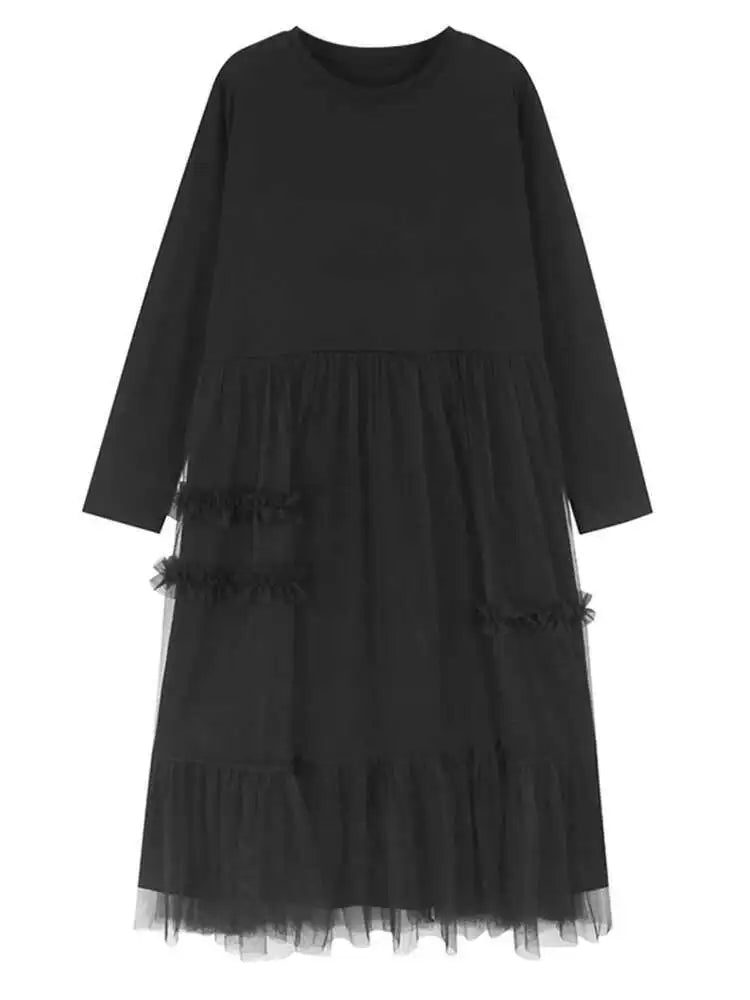 Women Black Mesh Ruffles Spliced Big Size Midi Dress New Round Neck Long Sleeve Fashion Tide Spring Autumn 2025 1DH7180