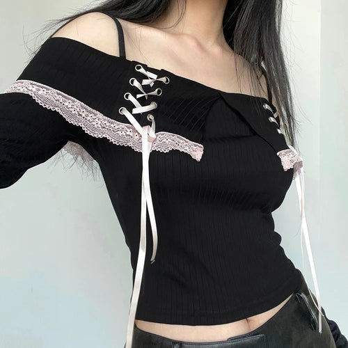 Load image into Gallery viewer, Gothic Lace Sweet Skinny Party T-shirt Female Off Shoulder Tie Up Cropped Top Harajuku Clothing Design Tees Elegant
