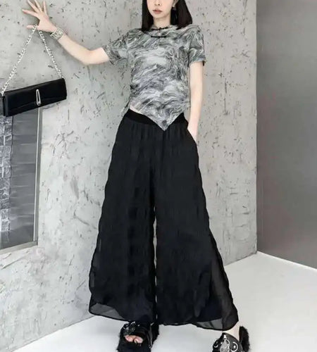 High Elastic Waist Black Pleated Chiffon Long Wide Leg Pants New Trousers Women Fashion Tide Spring Autumn 2025 1DH6500