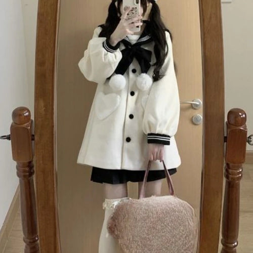 Load image into Gallery viewer, Kawaii Bow Sailor Collar Coat Women Y2k Aesthetic Single Breasted Jackets Sweet JK Lolita Trench Blends Coats Femme Autumn 2025
