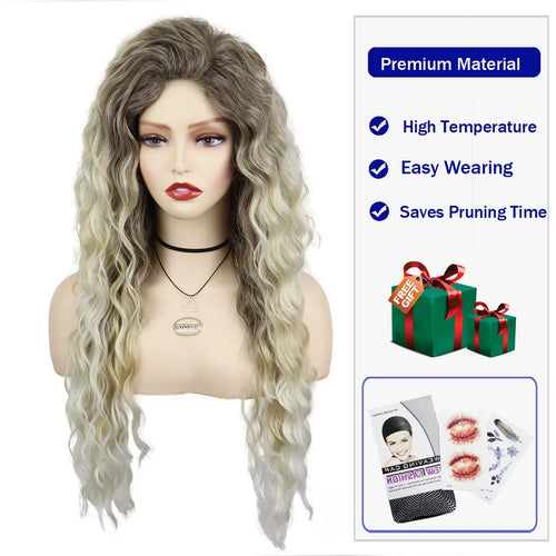 Load image into Gallery viewer, Synthetic Womens Wig Long Curly Hair Ash Blonde Wig Female Natural Wavy Dark Root Regular Wig 80s Brown Ombre Wig for Woman Girl
