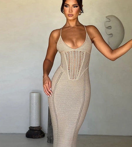 Women's Knitted Sweater Dress, Hollow Out Dress, Sexy Lace Up, Large Open Back, Evening Party, Club, New, 2024, Summe