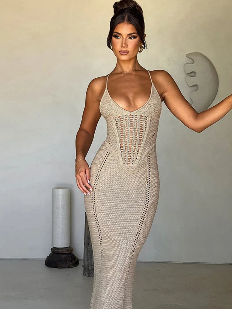 Women's Knitted Sweater Dress, Hollow Out Dress, Sexy Lace Up, Large Open Back, Evening Party, Club, New, 2024, Summe