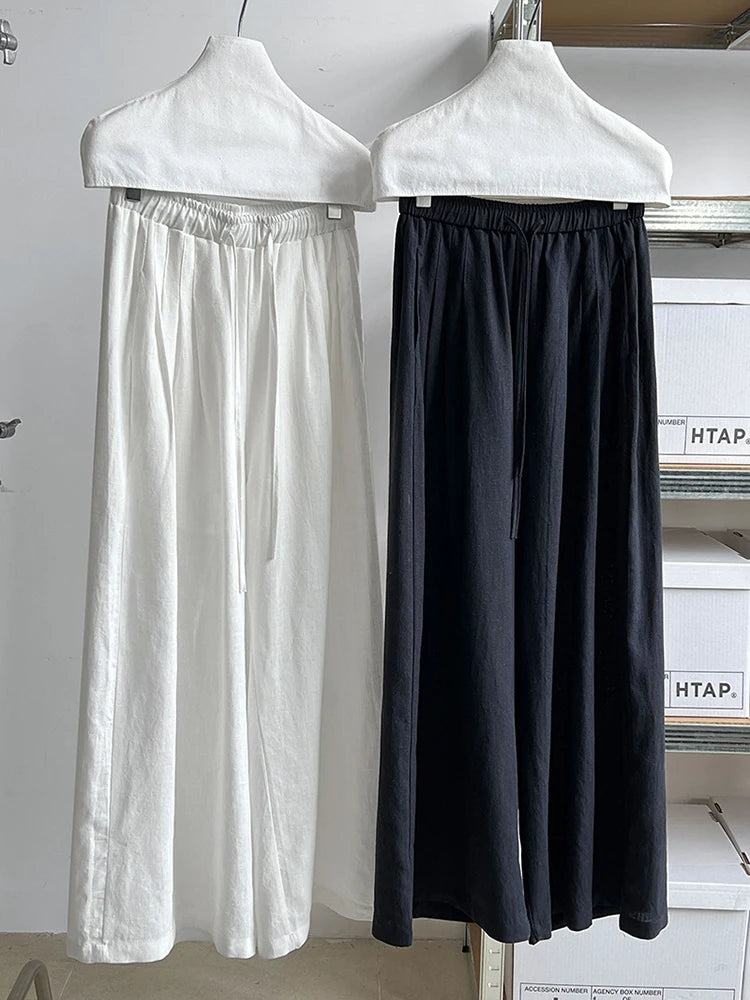 High Elastic Waist Beige Linen Drawstring Long Wide Leg Pants New Trousers Women Fashion Tide Spring Autumn 2025  1DJ0991
