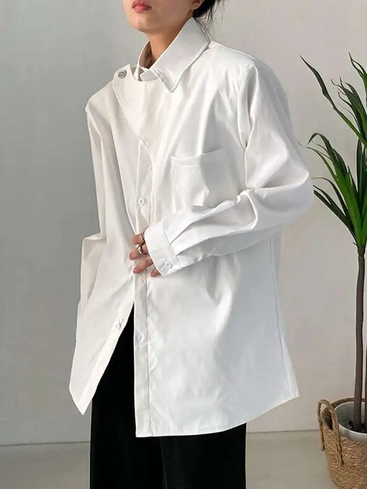 Women White Irregular Big Size Blouse New Lapel Long Sleeve Loose Fit Shirt Fashion Tide Spring Autumn 2025 1DF7024