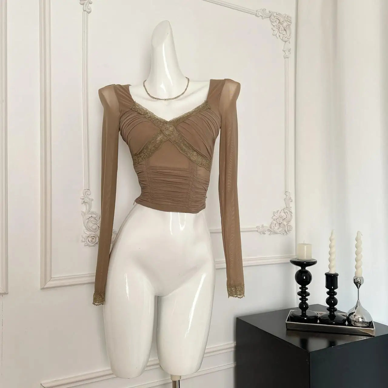 Vintage Fashion Khaki Elegant Lace Mesh Pleated Tops French Autumn Brown Square V Neck Chic Long Sleeve Festival Short T Shirt