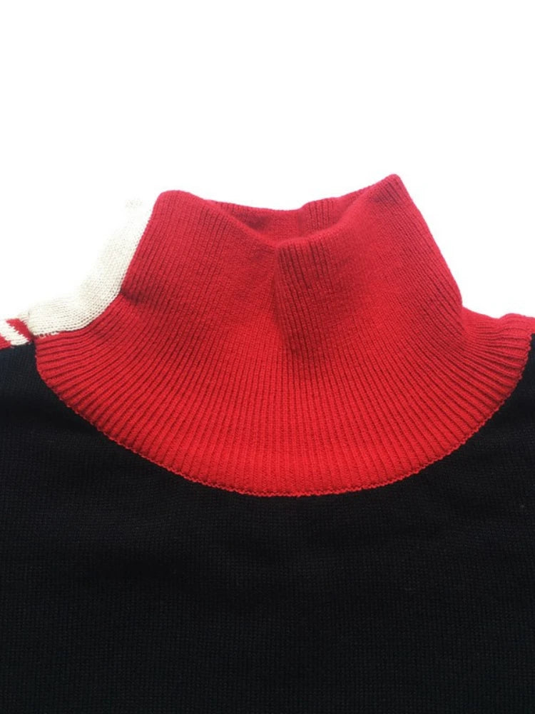 Women Vintage Black Sweater Jacquard Pullovers Knitted Geometric Jumpers Thick Warm Winter Turtleneck Sweaters