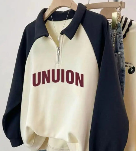 Korean Version 2024 Autumn Winter Beige Patchwork Letter Print Zipper Sweatshirt Women Long Sleeve Festival Slim Pullover Tops