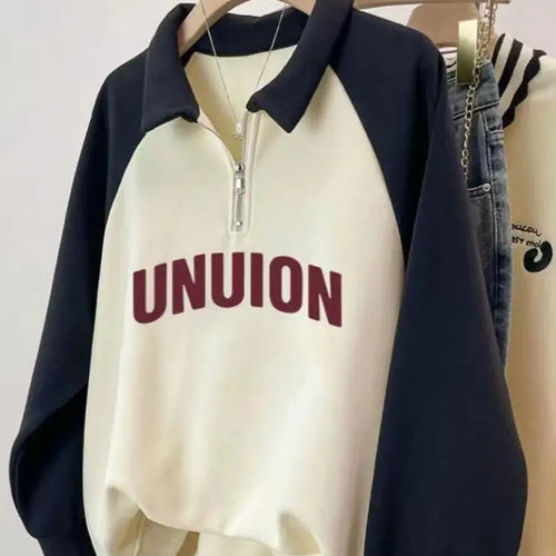 Load image into Gallery viewer, Korean Version 2024 Autumn Winter Beige Patchwork Letter Print Zipper Sweatshirt Women Long Sleeve Festival Slim Pullover Tops
