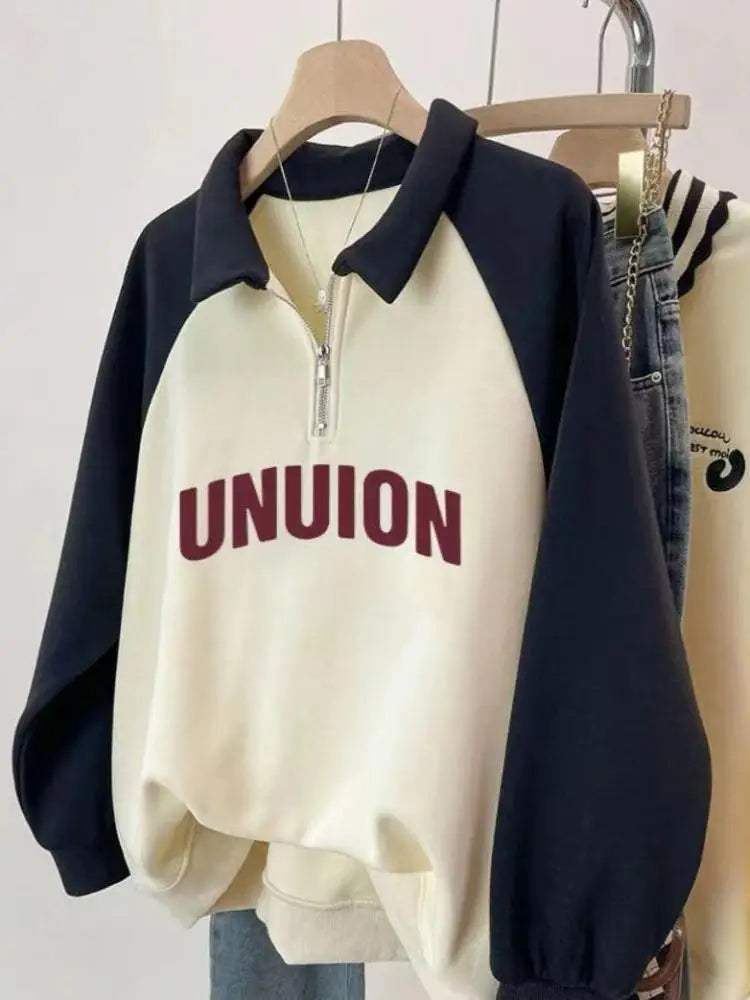 Korean Version 2024 Autumn Winter Beige Patchwork Letter Print Zipper Sweatshirt Women Long Sleeve Festival Slim Pullover Tops