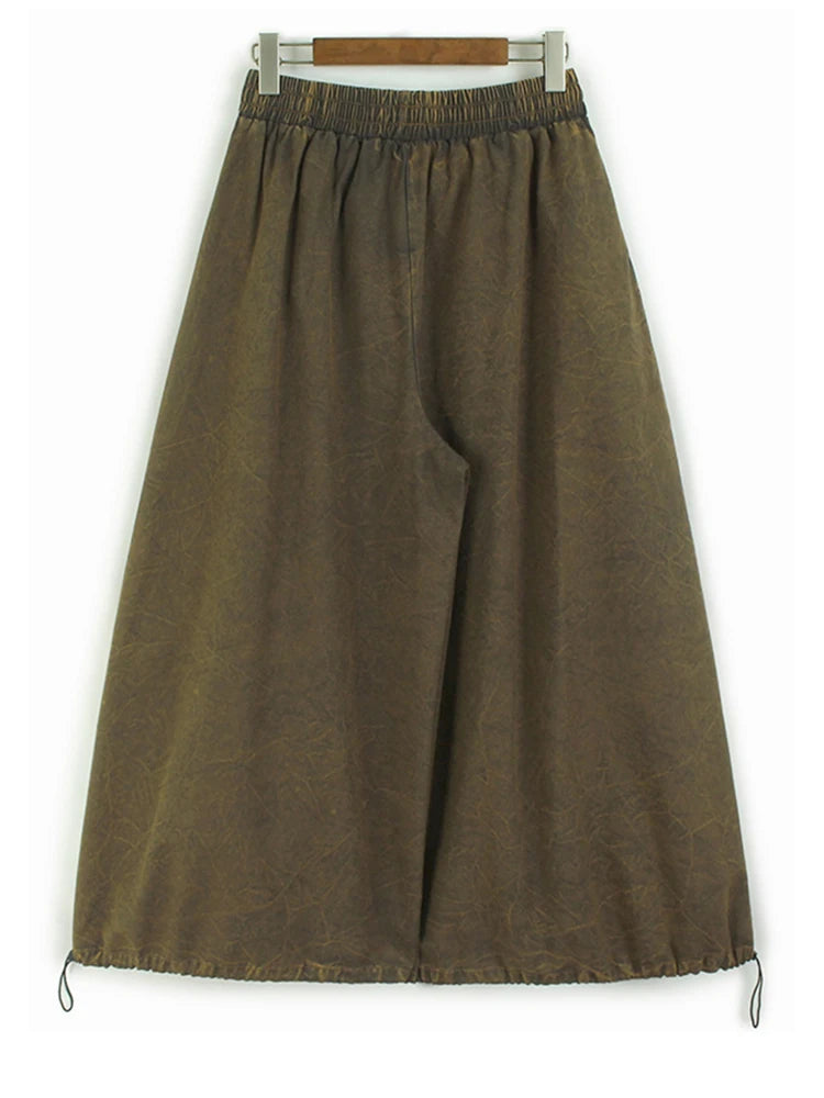 High Waist Caramel Color Denim Drawstring Pleated Wide Leg Jeans New Women Trousers Fashion Spring Autumn 2025 1DH9662