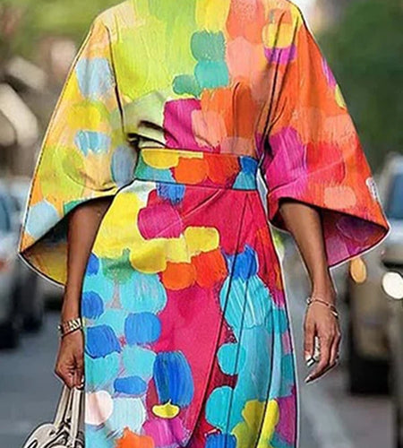 African Dresses for Woman Summer Short Sleeves Asymmetric Tied Waist Casual 1 Pieces Woman Midi Colorful Dress