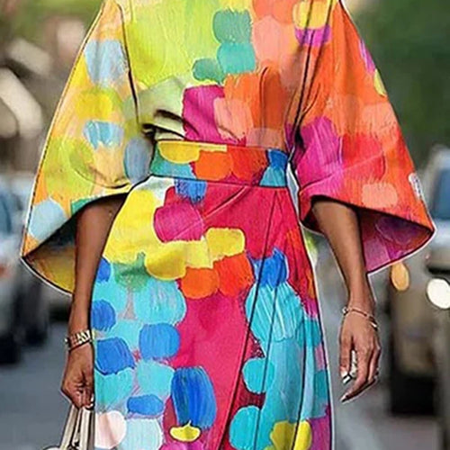 Load image into Gallery viewer, African Dresses for Woman Summer Short Sleeves Asymmetric Tied Waist Casual 1 Pieces Woman Midi Colorful Dress
