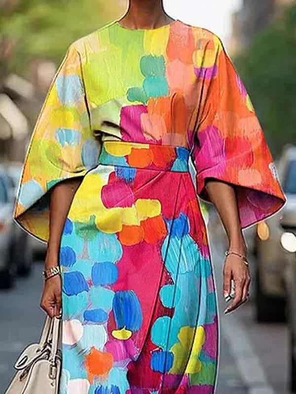 African Dresses for Woman Summer Short Sleeves Asymmetric Tied Waist Casual 1 Pieces Woman Midi Colorful Dress