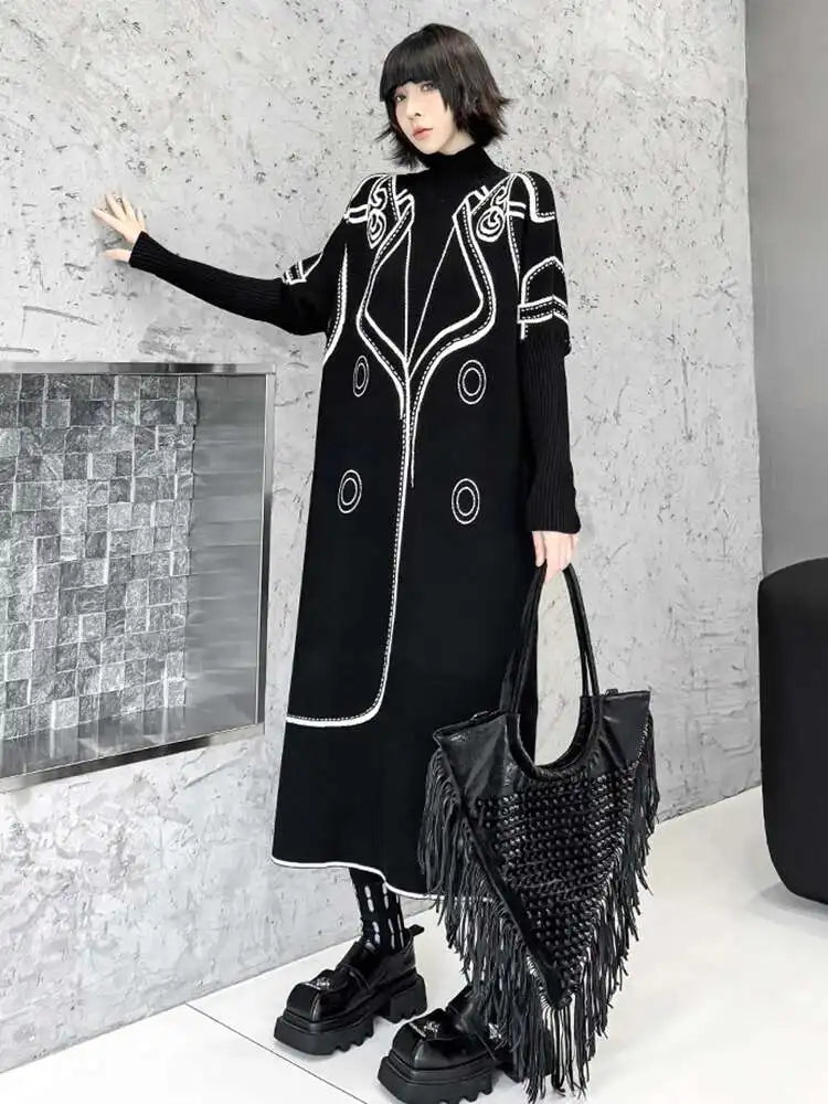 Women Black Pattern Both Side Wear Big Size Sweater Dress New Turtleneck Long Sleeve Fashion Spring Autumn 2025 1DH8332