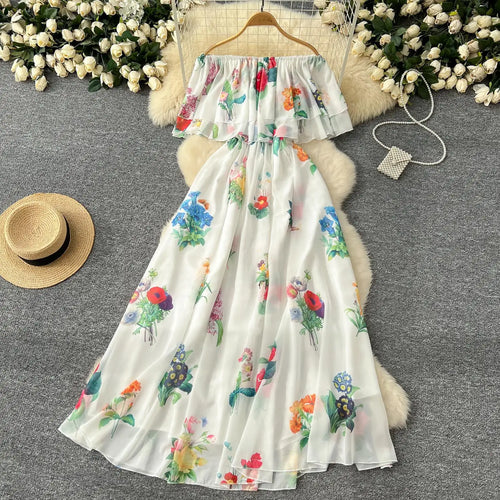 Load image into Gallery viewer, Women Black Flower Vacation Temperament Long Dress Summer White Print Off Shoulderslim High Waist Party Dress Popular Robe Boho
