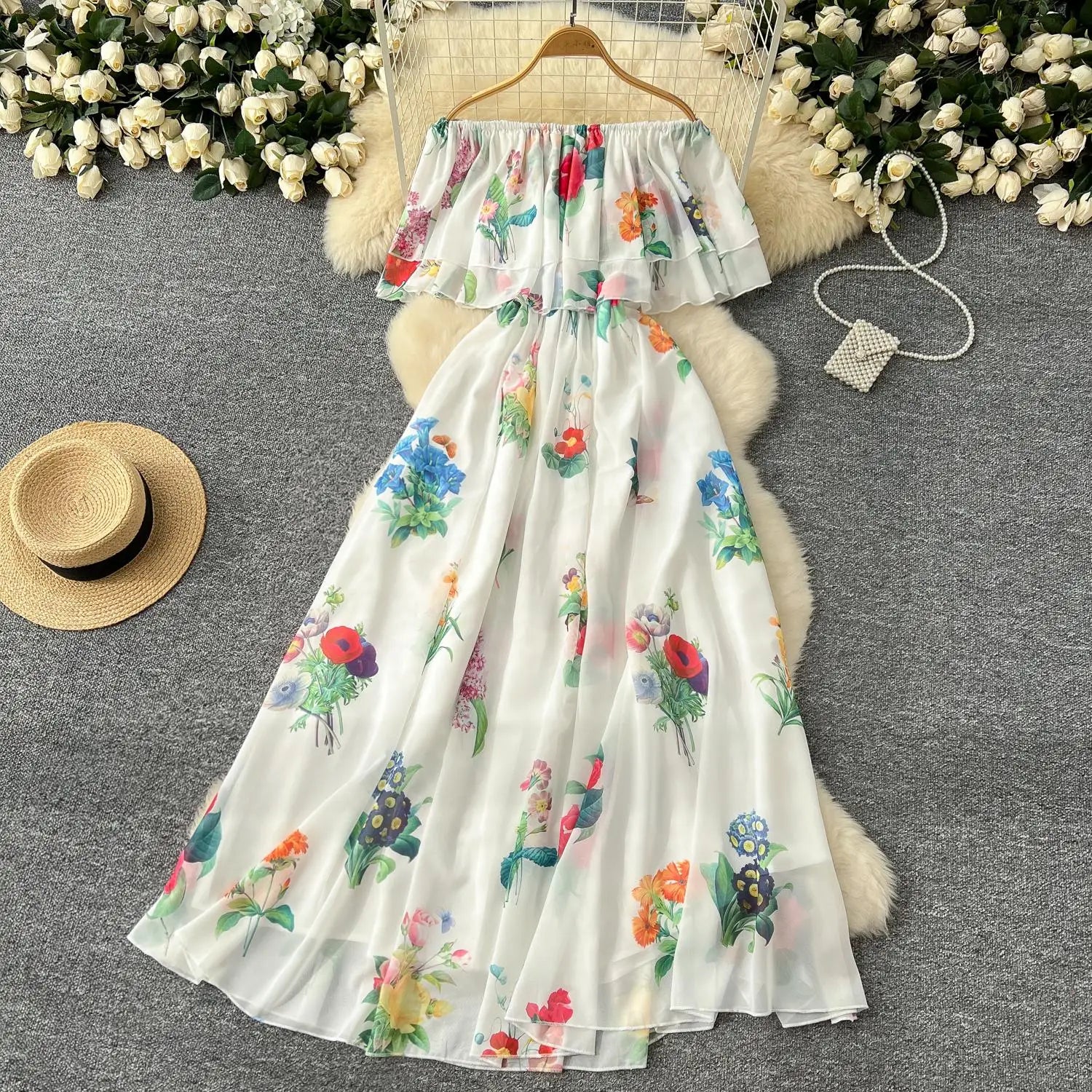 Women Black Flower Vacation Temperament Long Dress Summer White Print Off Shoulderslim High Waist Party Dress Popular Robe Boho