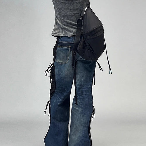 Load image into Gallery viewer, Hit Color Spliced Lace Up Fashion Wide Leg Pants for Women High Waist Sense of Design Long Pant Female Clothing New
