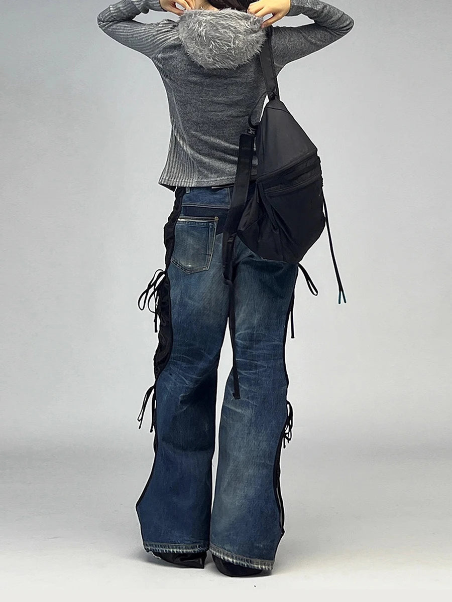 Hit Color Spliced Lace Up Fashion Wide Leg Pants for Women High Waist Sense of Design Long Pant Female Clothing New