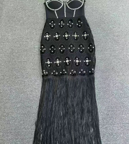 Solid Spliced Diamonds Slim Dresses For Women Square Neck Sleeveless High Waist Patchwork Tassel Dress Female New