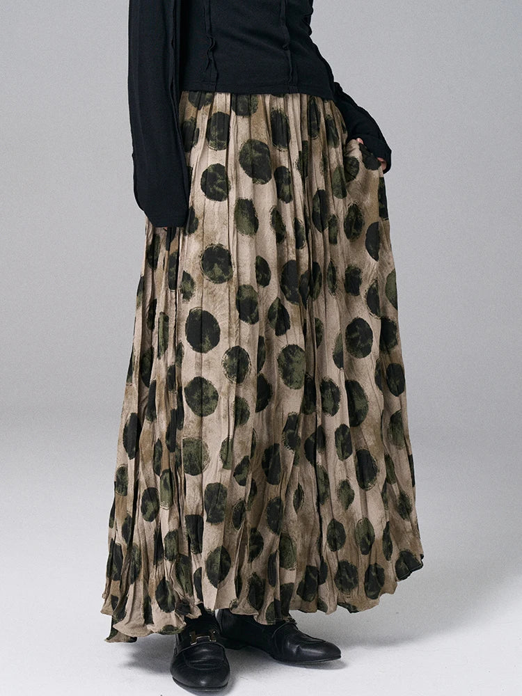 High Elastic Waist Green Dot Printed Vintage A-line Half-body Skirt Women Fashion Tide New Spring Autumn 2025 1DJ0380