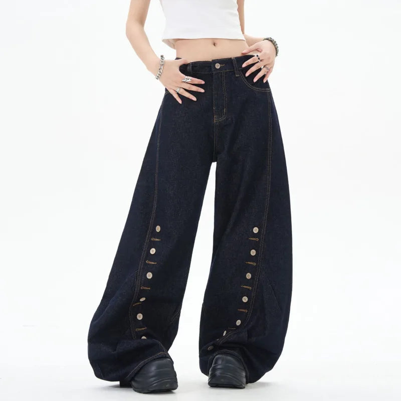 Streetwear Male Jeans Buttonhole Loose Curved Knife Jean Trendy High Street New American Tide Design Wide Leg Men 9W1198