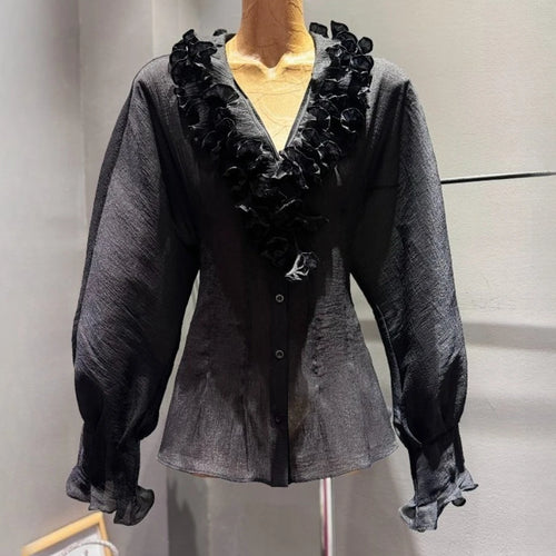 Load image into Gallery viewer, Slimming Sheer Spliced Fungus Folds Shirts for Women V Neck Long Sleeves Patchwork Single Breasted Shirt Female New
