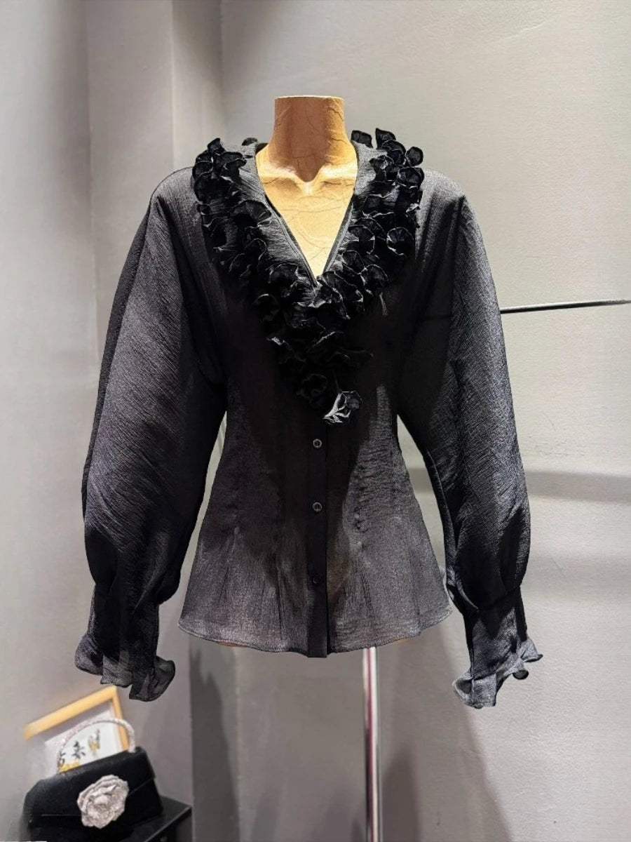 Slimming Sheer Spliced Fungus Folds Shirts for Women V Neck Long Sleeves Patchwork Single Breasted Shirt Female New