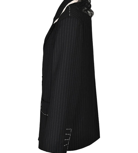 Women Black Striped Topstitched Big Size Blazer New Lapel Long Sleeve Loose Fit Jacket Fashion Spring Autumn 2025 17A6435