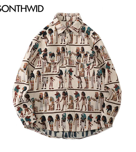 Harajuku Streetwear Shirts Coats Vintage Egyptian Stripe Shirt Jackets Hip Hop Fashion Blouse Loose Casual Button Top