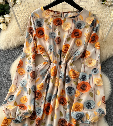 Vintage Women Yellow Flower Elegant Round Neck High Waist Party Dresses French Long Sleeve Slim Vacation Dress 2025 Autumn Boho