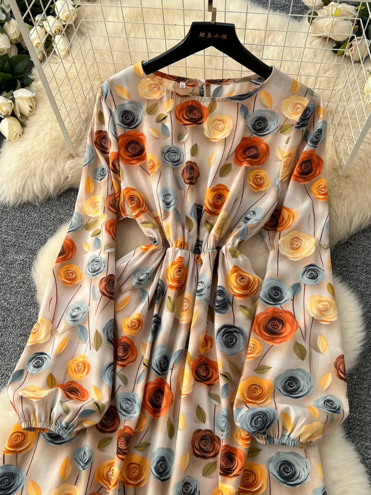 Vintage Women Yellow Flower Elegant Round Neck High Waist Party Dresses French Long Sleeve Slim Vacation Dress 2025 Autumn Boho