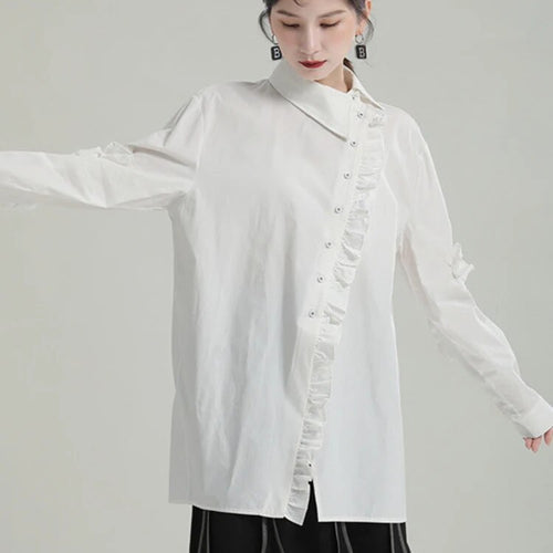 Load image into Gallery viewer, Solid Patchwork Button Casual Irregular Blouses For Women Lapel Long Sleeve Spliced Ruffle Elegant Blouse Female
