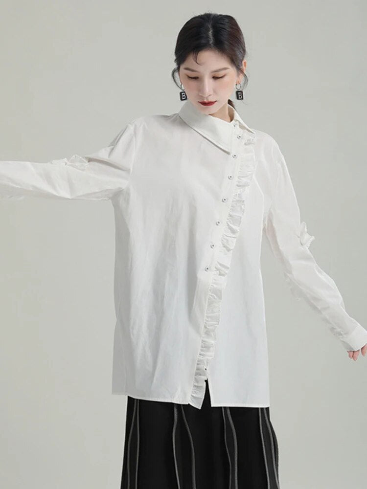 Solid Patchwork Button Casual Irregular Blouses For Women Lapel Long Sleeve Spliced Ruffle Elegant Blouse Female