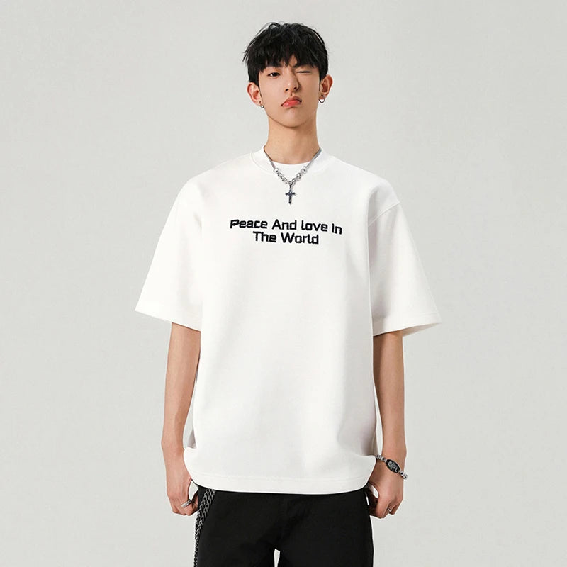 Male T-shirts Short Sleeve Embroidery Letter Printing Trendy Solid Color O-neck Stylish New Summer Men's Clothing 9W1937