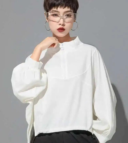 Women White Drawstring Zipper Big Size Casual T-shirt New Stand Collar Long Sleeve Fashion Tide Spring Autumn 2025 1DF6510