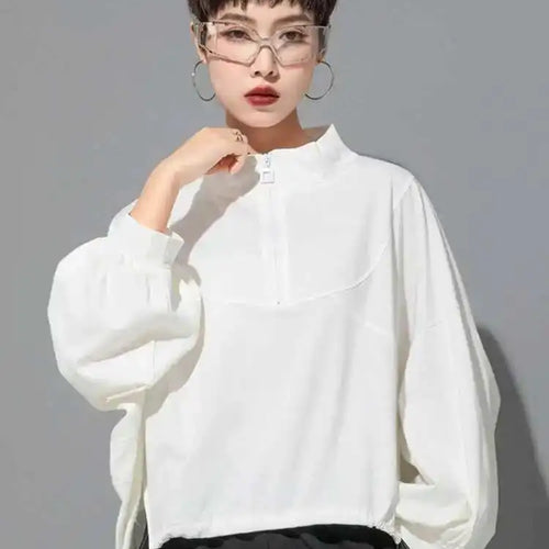 Load image into Gallery viewer, Women White Drawstring Zipper Big Size Casual T-shirt New Stand Collar Long Sleeve Fashion Tide Spring Autumn 2025 1DF6510
