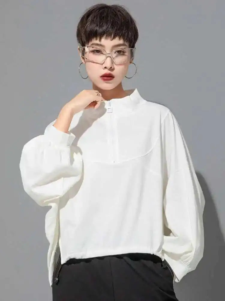 Women White Drawstring Zipper Big Size Casual T-shirt New Stand Collar Long Sleeve Fashion Tide Spring Autumn 2025 1DF6510