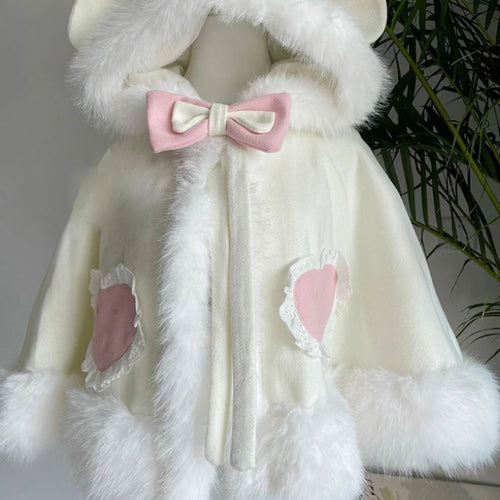 Load image into Gallery viewer, Japanese Lolita Sweet Rabbit&#39;s Ears Hooded Cloak Jackets Women Y2k Aesthetic Lace Patchwork Love Coat Harajuku Kawaii Bow Jacket
