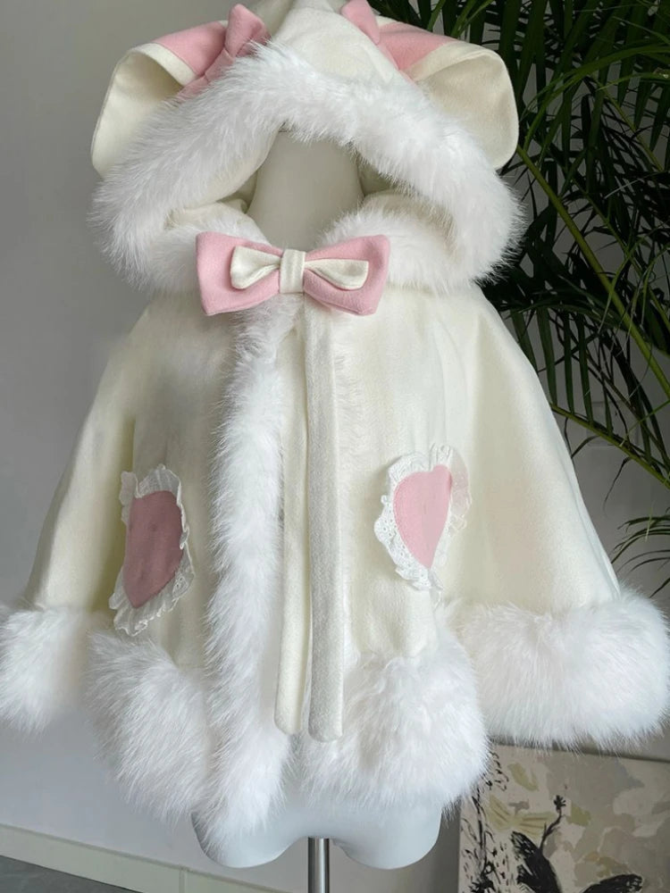 Japanese Lolita Sweet Rabbit's Ears Hooded Cloak Jackets Women Y2k Aesthetic Lace Patchwork Love Coat Harajuku Kawaii Bow Jacket
