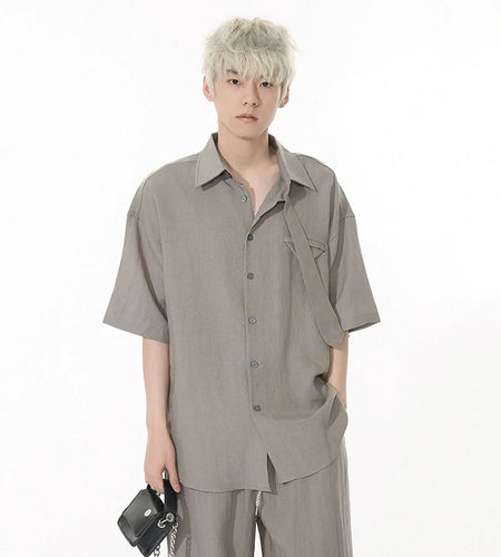 Korean Style Men Two-piece Sets Lapel Solid Color Short Sleeve Single Breasted Shirt Elastic Waist Drawstring Pants 9W1256