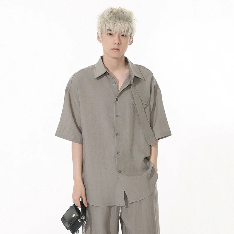 Korean Style Men Two-piece Sets Lapel Solid Color Short Sleeve Single Breasted Shirt Elastic Waist Drawstring Pants 9W1256